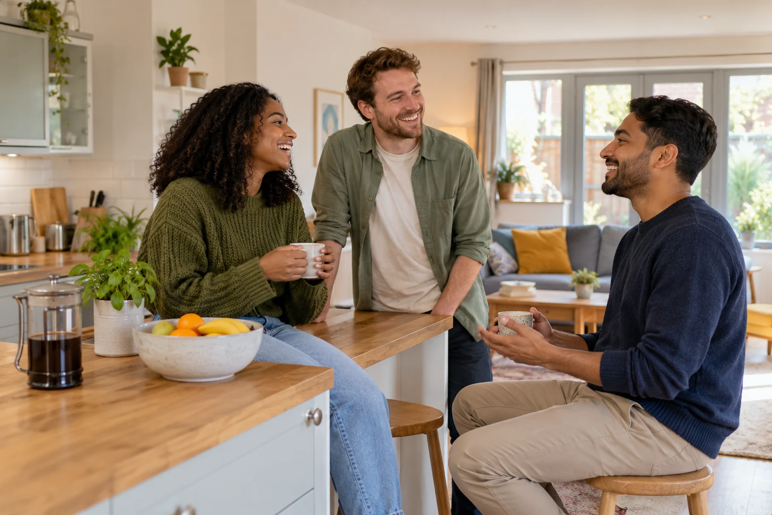 Residents enjoying a relaxed conversation in a bright shared home